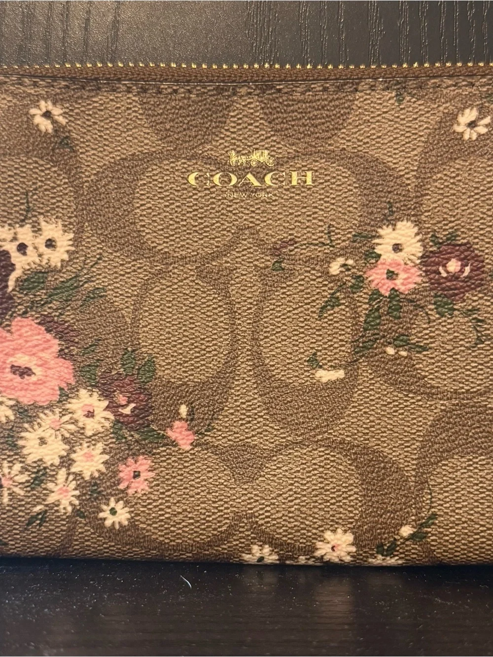 Coach Khaki Floral Signature Canvas Wristlet with Pink Blooms